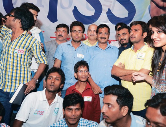 Arvind Kejriwal and Manish Sisodia during the launch of AAP's youth wing in New Delhi on Saturday