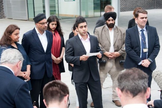 Dr Tarlochan Singh Bhambra, brother of Dr Sarandev Bhambra, and family members outside Mold Crown Court