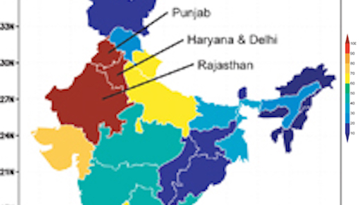 The map, showing groundwater withdrawals as a percentage of groundwater recharge, is based on state-level estimates of annual withdrawals and recharge reported by India's Ministry of Water Resources. The three states included in this study are labeled. Credit: NASA/Matt Rodell