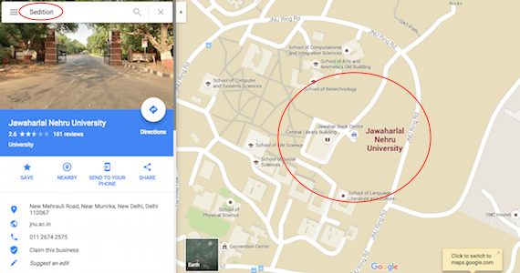 A screenshot from Google Maps search result for keyword sedition