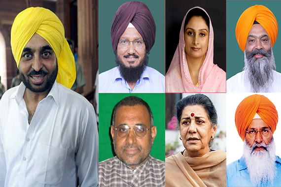 Bhawant Mann (L) | Top Row: Sadhu Singh (L), Harsimrat Baal (C), Prem Singh Chandumajra (R) | Bottom Row: Avinash Khanna (L); Ambika Sone (C), Sukhdev Singh Dhindsa (R) [File Photos]