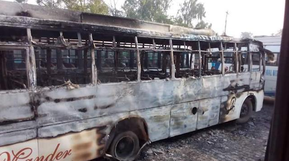 A private bus burnt at Malerkotla bus stand on Saturday | Credits: HT PHOTO