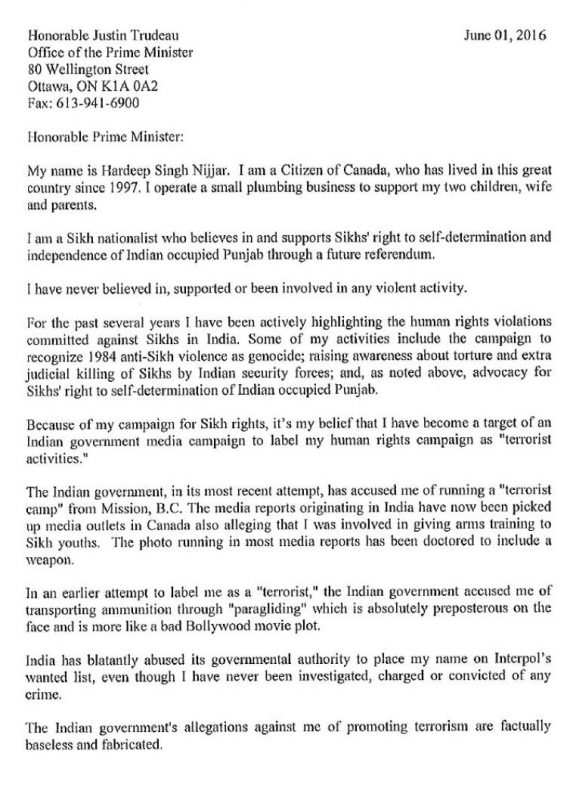 Hardeep Singh Nijjar's Letter to Canadain PM Justin Trudeau Page 1/2