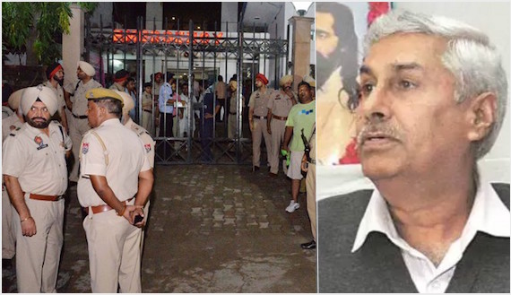 Police standing outside the Hospital in Jalandhar where RSS leader Jagdish Gagneja (R) was hospitalised after gun-attack