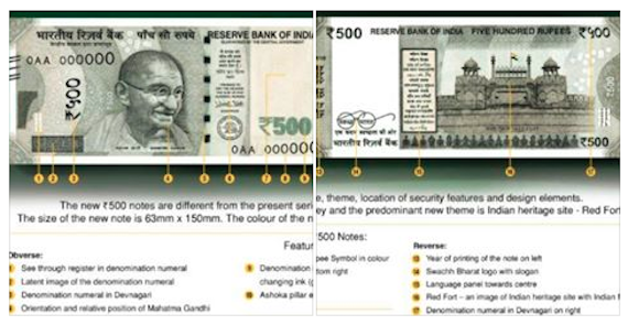 Image used for representational purpose only | Two Images of New Rs. 500/- note indicating identifications