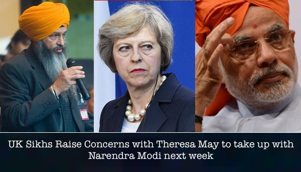 Sikh Federation UK leader Bhai Amrik Singh Gill (L), British Prime Minister Theresa May (C) and Indian Prime Minister Narendra Modi (R) [File Photos]