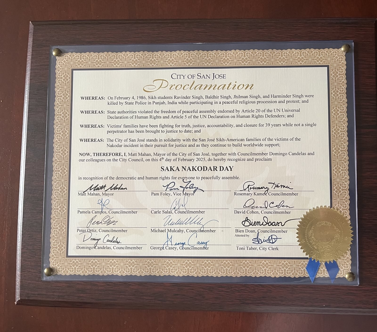 Copy of Proclamation by the City of San Jose, Declaring Saka Nakodar Day in Memory of the Victims of the Saka Nakodar Massacre of February 4, 1986.