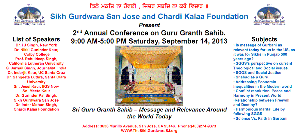 Conference on Sri Guru Grant Sahib at Sikh Gurdwara San Jose on Sept 14