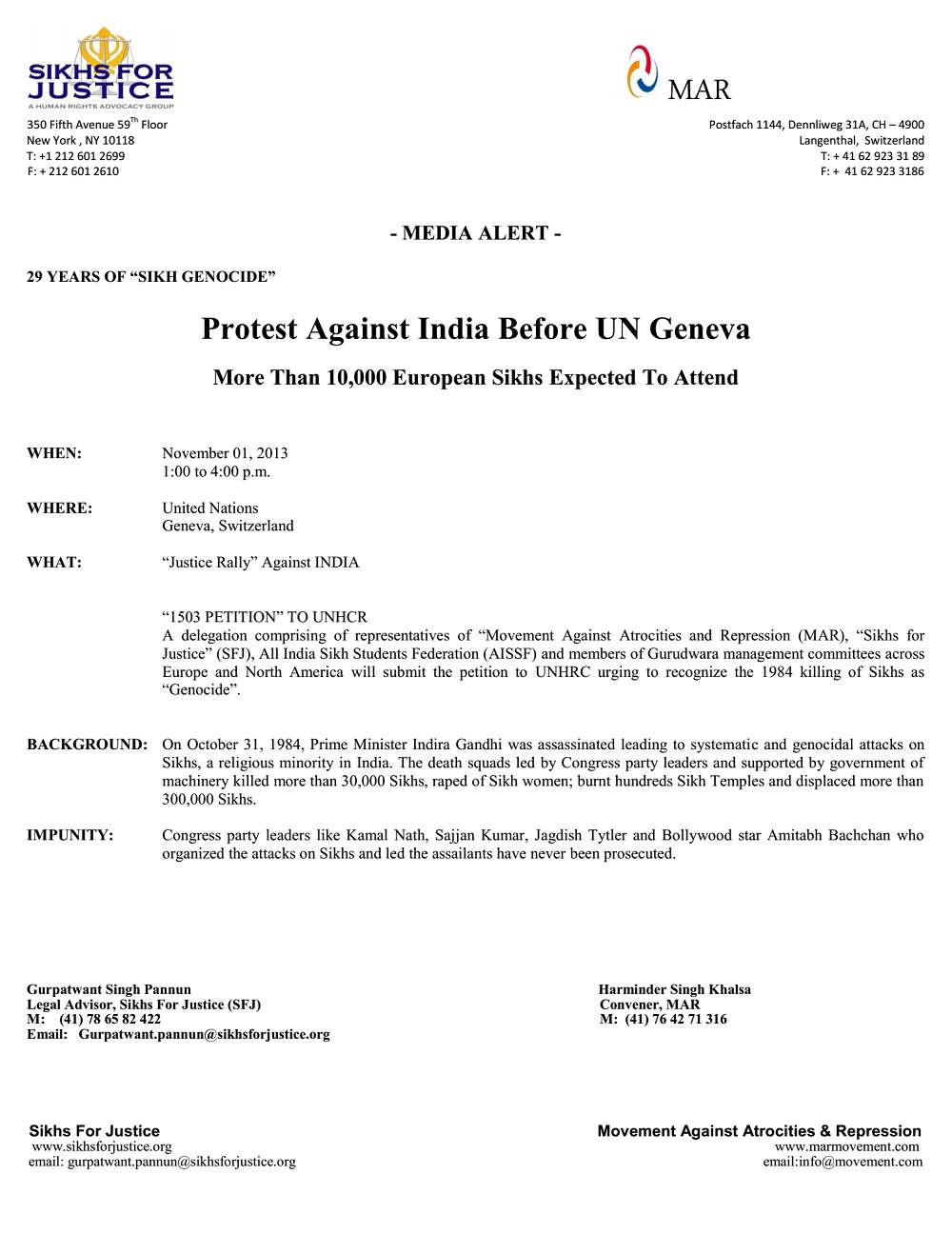 Protest Against India Before UN Geneva On November 1