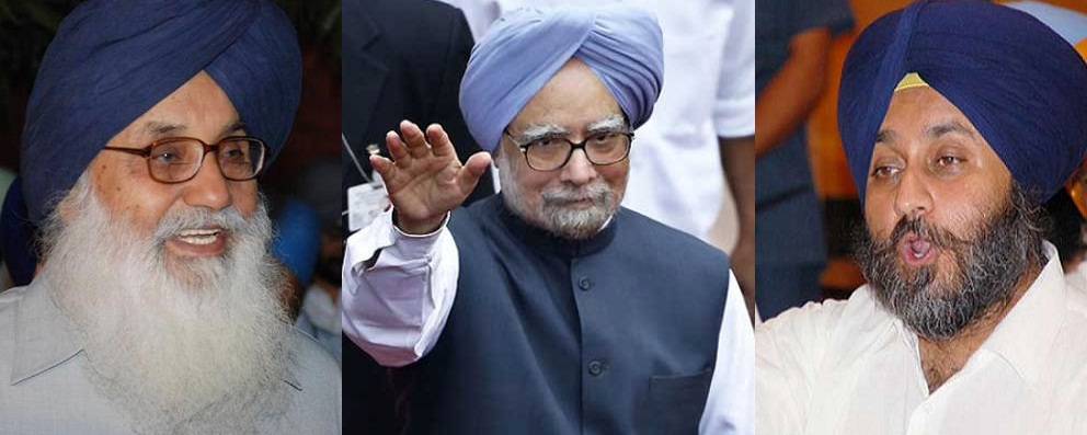 Parkash Singh Badal (L), Manmohan Singh (C) and Sukhbir Badal (R)