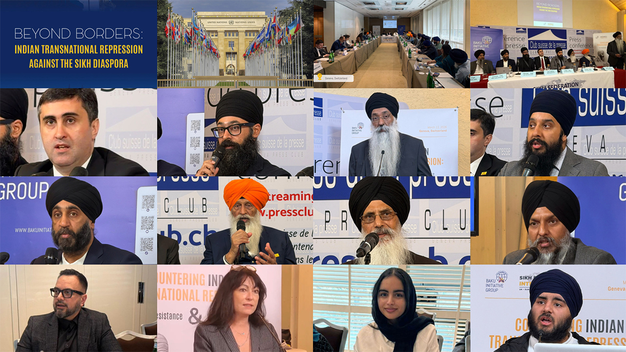 Speakers and delegates during the launch of the report "Beyond Borders: Indian Transnational Repression Against the Sikh Diaspora" in Ganeva