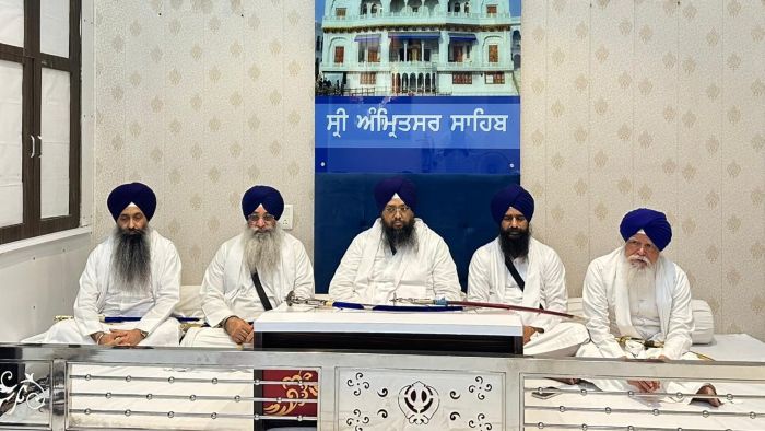 Giani Kuldeep Singh Gargaj and other Singh Sahib during 15 June 2026 Akal Takht Meeting