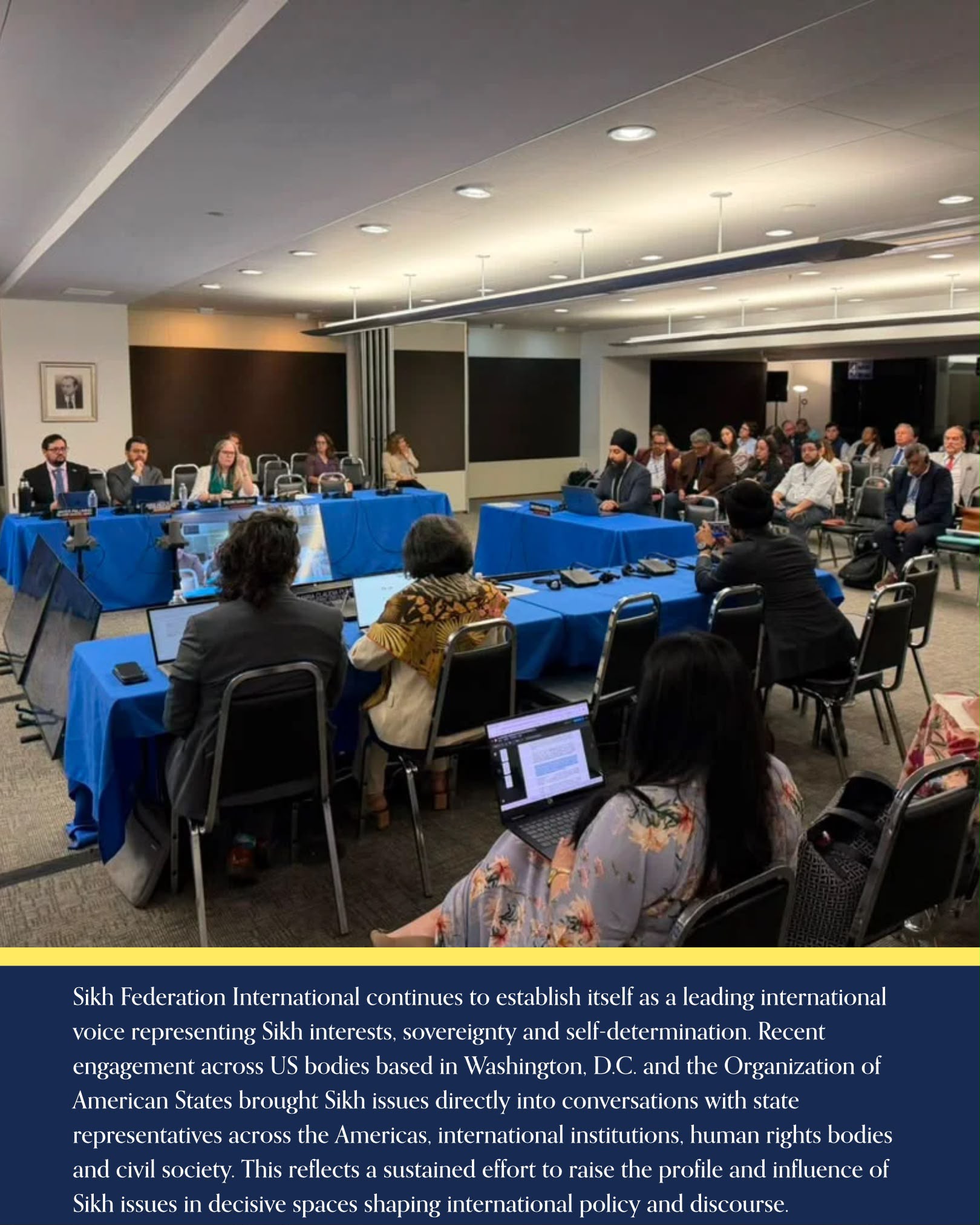 Sikh Federation International engages with representatives at an international human rights meeting.